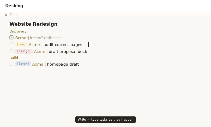 Desklog demo — write a task, tag it, start the timer, copy the time log
